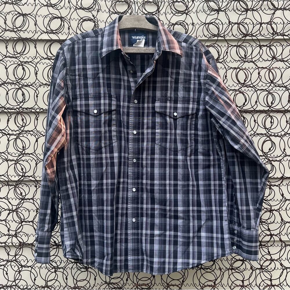 Wrangler Inky Blue White Plaid Check Long Sleeve Pearl Snap Western Shirt LARGE